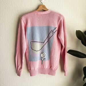 VTG Leon Levin Golf Novelty Cardigan Sweater Small Hand Loomed Retro Pink Preppy